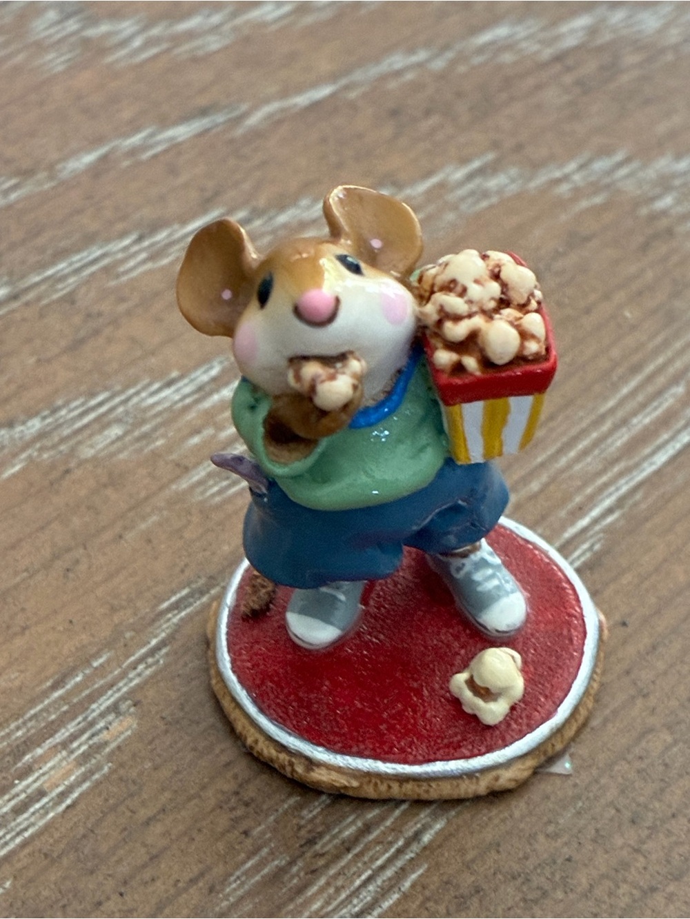 Wee Forest Folk Hand-Painted Mouse Figurine with Popcorn - Green & Blue